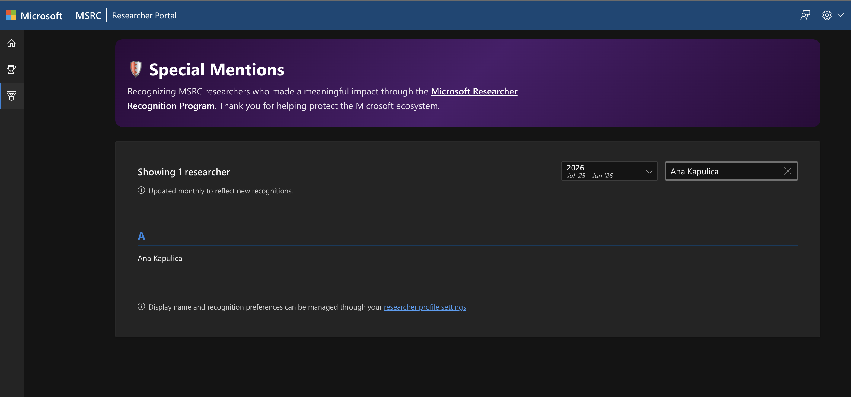 Microsoft Security Response Center Special Mentions entry recognizing my report
